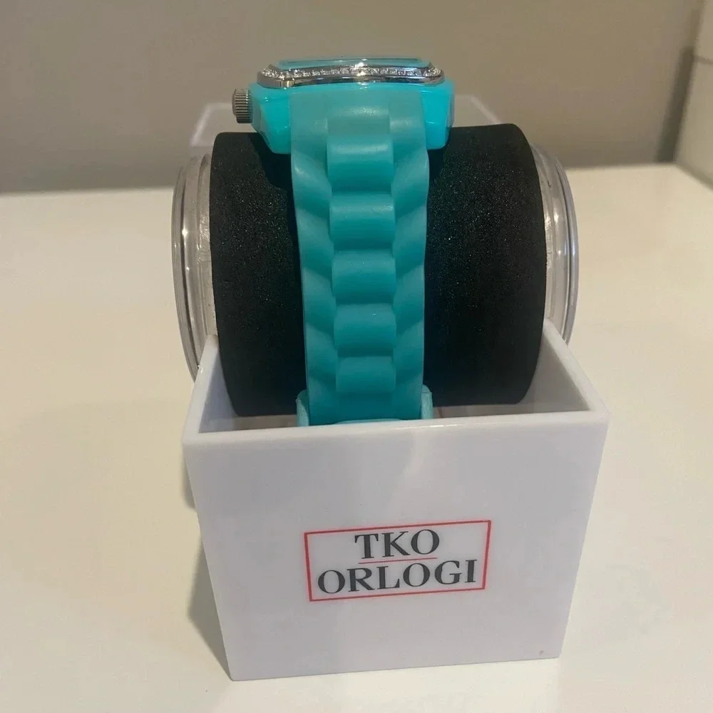 TKO Square Face Watch with‎ Silicone and Rhinestones Aqua Blue EUC